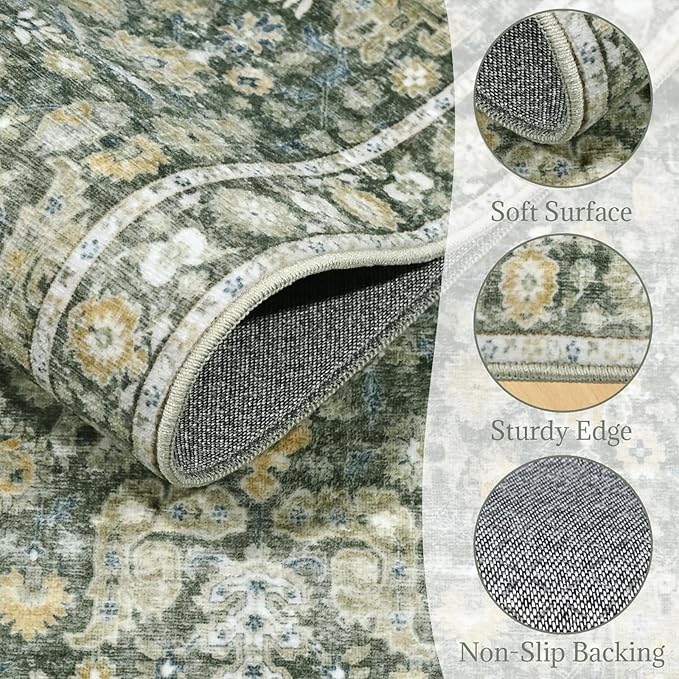 Washable Area Rugs 5'x7' Non-Slip Vintage Boho Distressed Fade Resistant Low Pile Carpet for High-Traffic Living Room, Bedroom & Dining Room