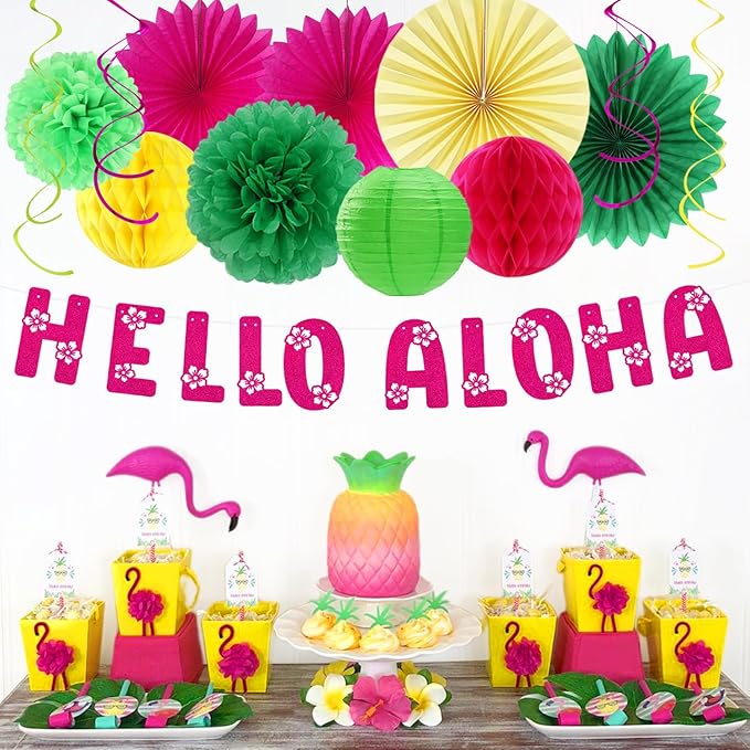 Hawaiian Aloha-Luau Flamingo Party-Decorations Supplies - 21pcs Hello Banner,Pool Paper Lanterns Honeycomb,Beach Theme Streamers Garland,Tissue Pom Poms Flowers Fan,Tropical Summer Tiki Decor Burgleda