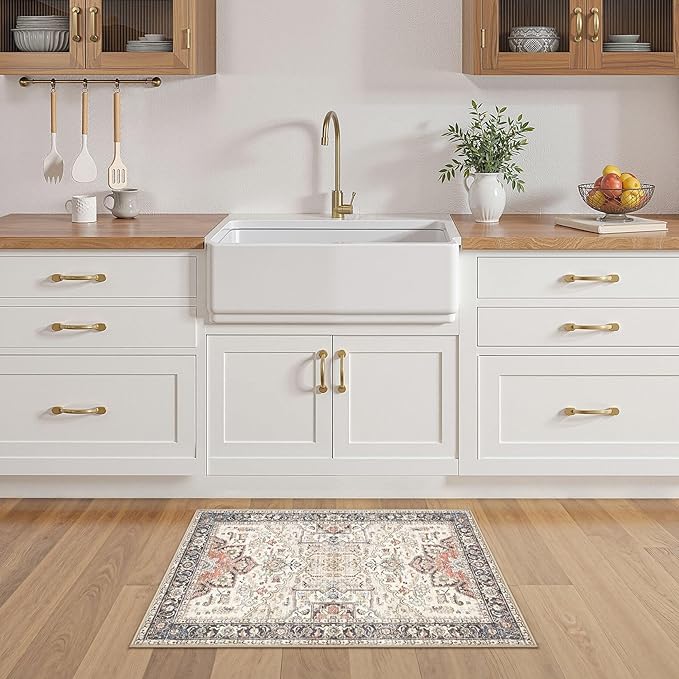 2x3 Washable Entryway Rug: Non-Slip Soft Small Indoor Area Rug for Bedroom Kitchen, Low Pile Stain-Resistant Durable Vintage Floral Carpet for Porch Laundry Kids Room Home Decor (Multi)