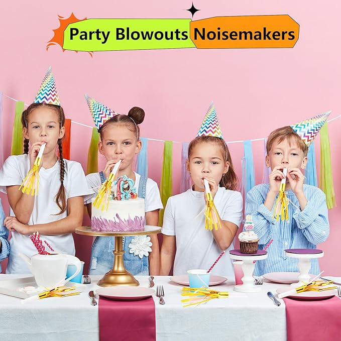 36 Pieces Glitter Metallic Fringed Noisemakers Musical Party Blowers Blowouts Whistle Party Blow Horns for New Years Birthday Party Supplies Sporting Event Celebrations (Pink)