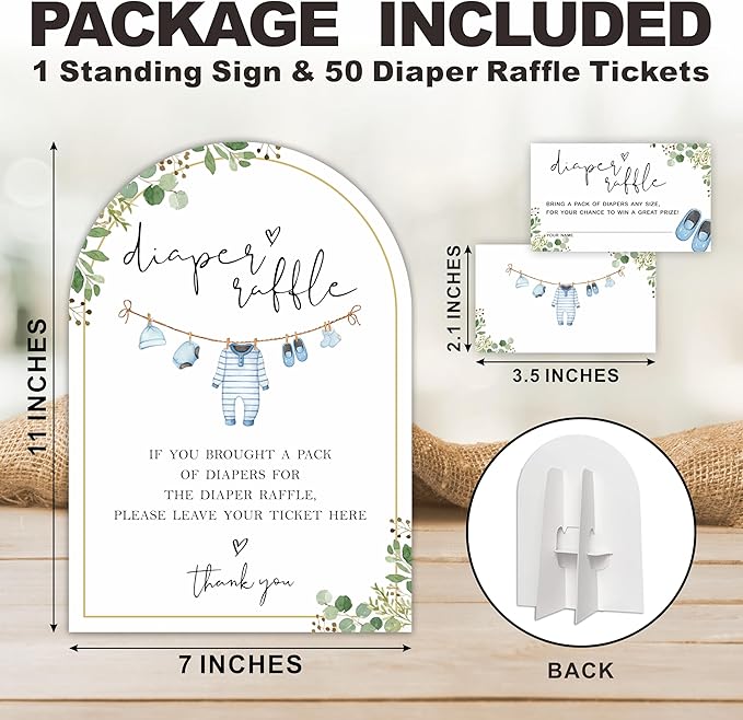 Greenery & Blue Baby Clothes Diaper Raffle Sign, Arched Display Board with Stand - 7x10 Inch Gender Neutral Shower Game Kit, 50 Tickets, Natural Decor (B08)