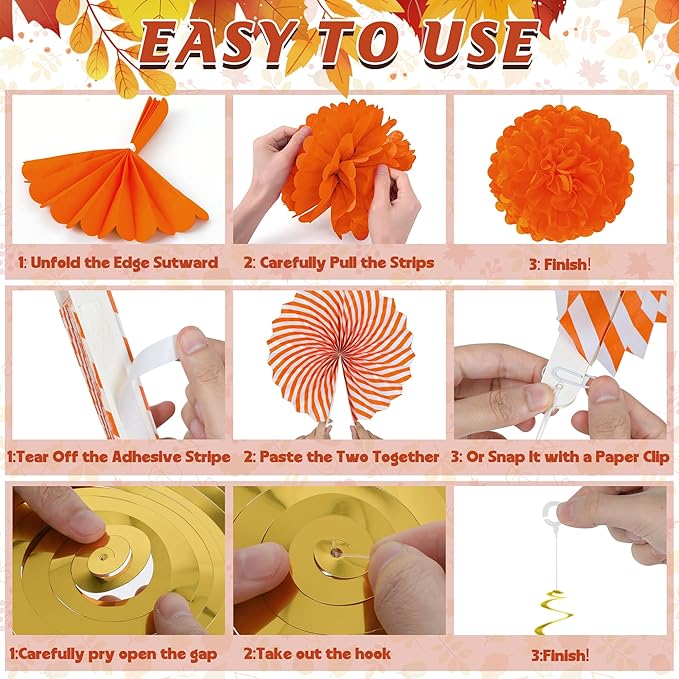 27PCS Thanksgiving Decorations, Happy Thanksgiving Banner, Orange Yellow Harvest Pompom Garland Paper Fan Hanging Swirls for Fall Harvest Party Decorations Decor Accessories Indoor Outdoor Supplies
