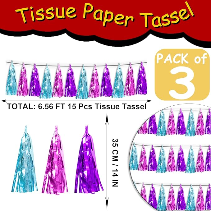 3P Lake Blue Purple-Hot Pink Metallic Fringe Tassel Banner Garland Foil Tinsel Streamer Wall Hanging Curtain Backdrop Banner for Parade Floats,Graduation Decorations, Wedding Party Decoration