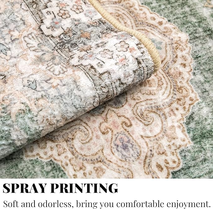 MUJOO Hallway Runner Rug 2'x8' Green Long Rug Runners Boho Machine Washable Non Slip Carpet for Entryway Kitchen Bathroom Bedside Retro Soft Low-Pile Blossom