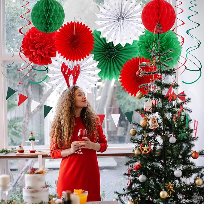 Red-Green White Christmas Party-Decorations - 33pcs Banner,Mexico Italy Streamers Tassel Garland,Tissue Pom Poms Honeycomb,Paper Lantern Fans,Mexican Italian Birthday Wedding Baby Shower Decor Hugtmr