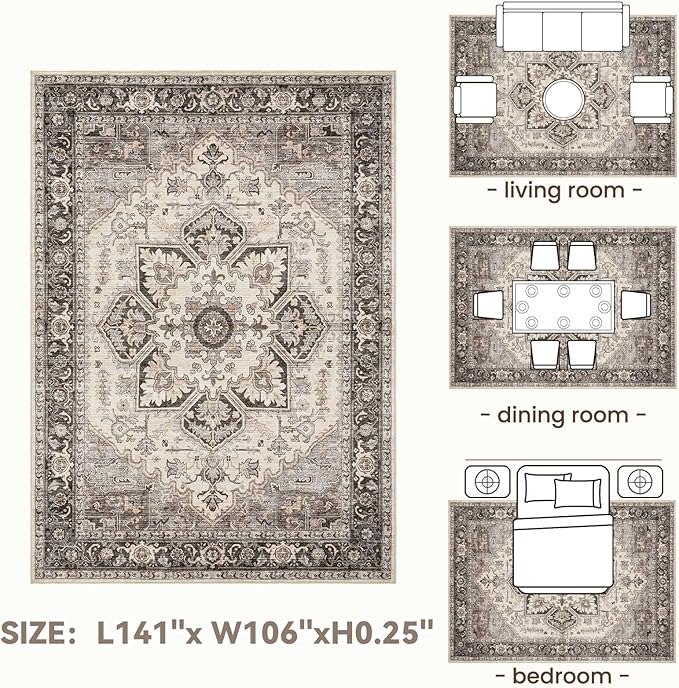 Area Rug for Living Room - 9x12 Soft Machine Washable Oriental Vintage Floral Distressed Large Indoor Floor Carpet for Bedroom Under Dining Table Home Office Decor - Grey Brown
