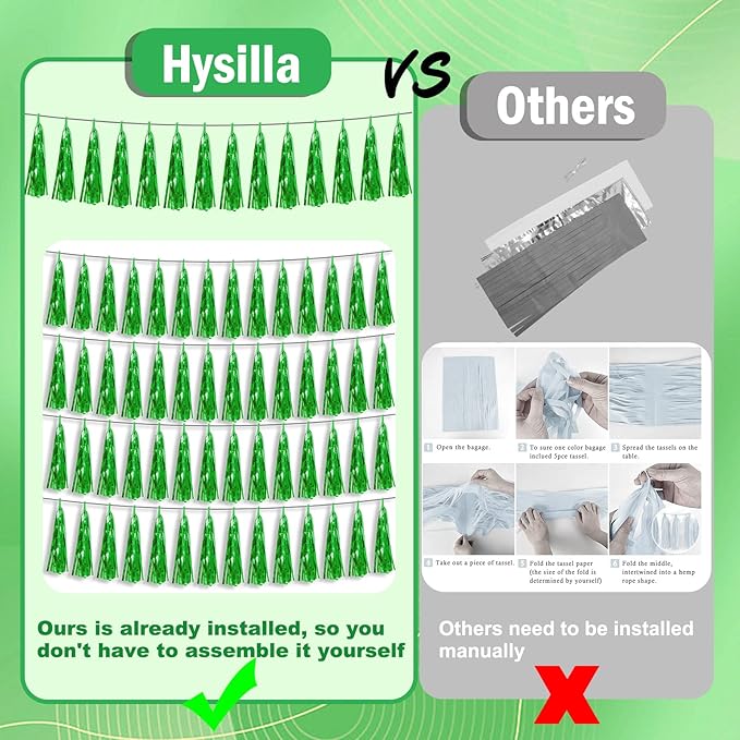 6P Green Foil Fringe Metallic Tassel Streamers Banner Tassel Garland for Parade Floats, Bachelorette, Wedding, Birthday, Graduation, Christmas, Bridal/Baby Shower Party Decorations