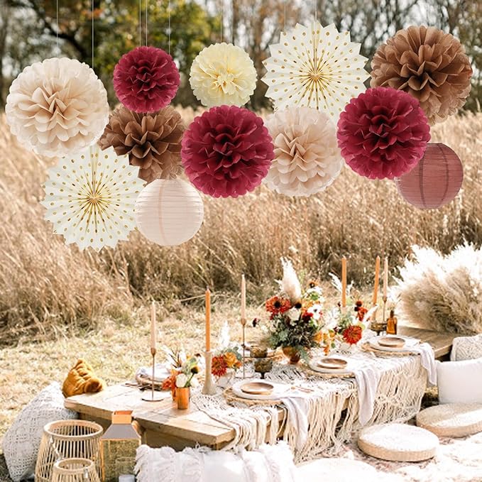 Burgundy Brown Beige Boho Party-Decorations - 20pcs Dusty Pink Fall Birthday Paper Lanterns Fans,Tissue Pom Poms,Honeycomb Balls,Autumn Wedding Bridal Shower Rustic Neutral Baby Decor Burgleda