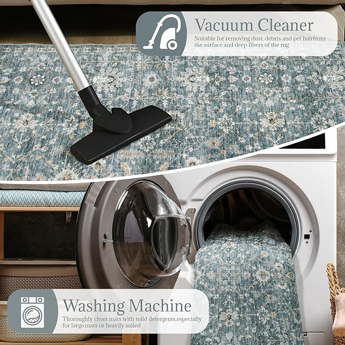 Washable Area Rugs 5'x7' Non-Slip Vintage Boho Distressed Fade Resistant Low Pile Carpet for High-Traffic Living Room, Bedroom & Dining Room