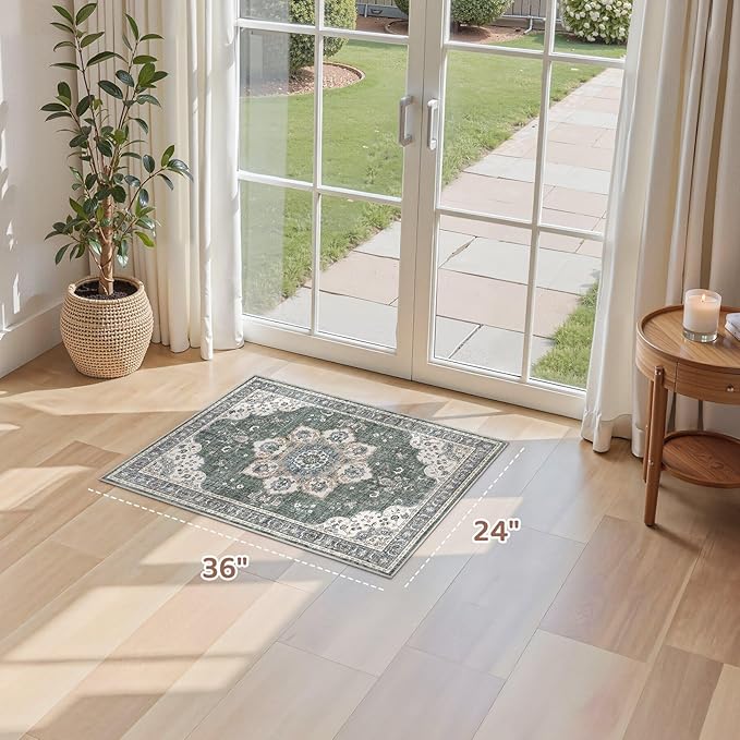 2x3 Washable Entryway Rug: Non-Slip Soft Small Indoor Area Rug for Bedroom Kitchen, Low Pile Stain-Resistant Durable Vintage Floral Carpet for Porch Laundry Kids Room Home Decor (Green)