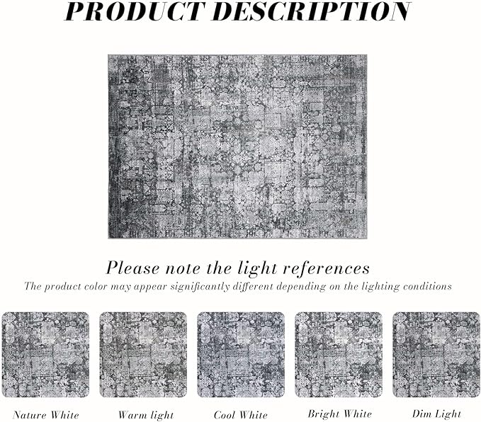 Area Rug 3×5, Vintage Boho Rug,Ultra-Soft Low Pile, Washable, Non Slip,Stain Resistant Printed Carpet for Living Room Bedrooms Playroom Office Kitchen, Dark Stone