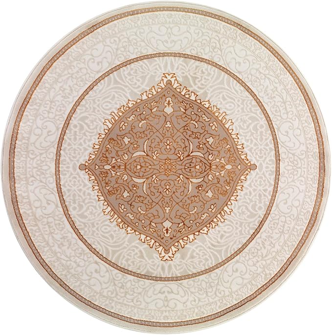 Antep Rugs Babil Gold 5x5 Oriental Bordered High Low Textured Traditional Indoor Area Rug, Beige Gold, 5'3" Round