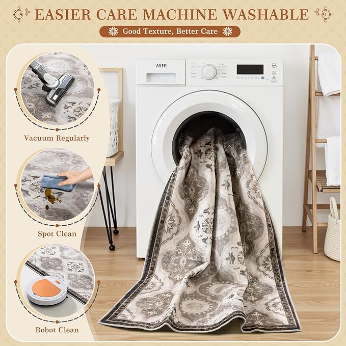 EnHomee Area Rugs 3x5, Soft Washable Rugs for Living Room Bedroom, Boho Non Slip Low Pile Stain Resistant Washable Rug Large Carpet for Dining Room,Easy to Clean Living Room Rug, Khaki