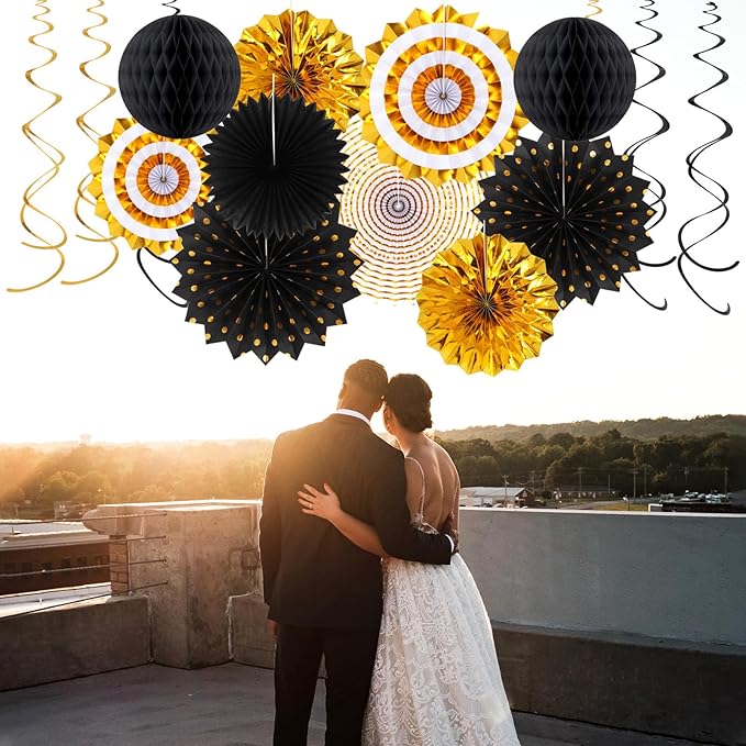 Black-Gold Graduation Party-Decorations - 33pcs Kits Banner, Streamers Tassel Garland,Tissue Pom Poms Honeycomb, Paper Lantern Fans,Wedding New Year Birthday Baby Shower Decor Hugtmr