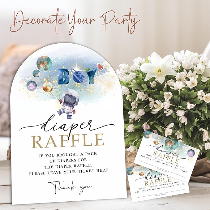 Space Astronaut Diaper Raffle Game Kit with Stand - 50 Tickets & 7x10 Inch Sign for Gender Neutral Baby Shower, Outer Space Theme Gender Reveal Party Decor (B03)