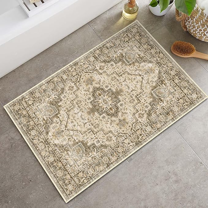 Area Rug 2x3 Washable Door Mat, Vintage Distressed Rug Indoor Entrance Traditional Thin Rug, Floral Print Non Slip Carpet for Kitchen Bathroom Bedroom Living Room (Brown, 2X3)