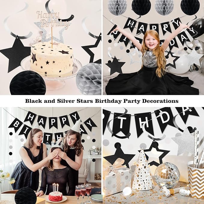 meowtastic Birthday Decorations, Happy Birthday Banner with Honeycomb Balls, Star Hanging Swirl Streamer, Circle Dot Garland, Happy Birthday Party Decoration for Women Men Boys Girls (Black & Silver)