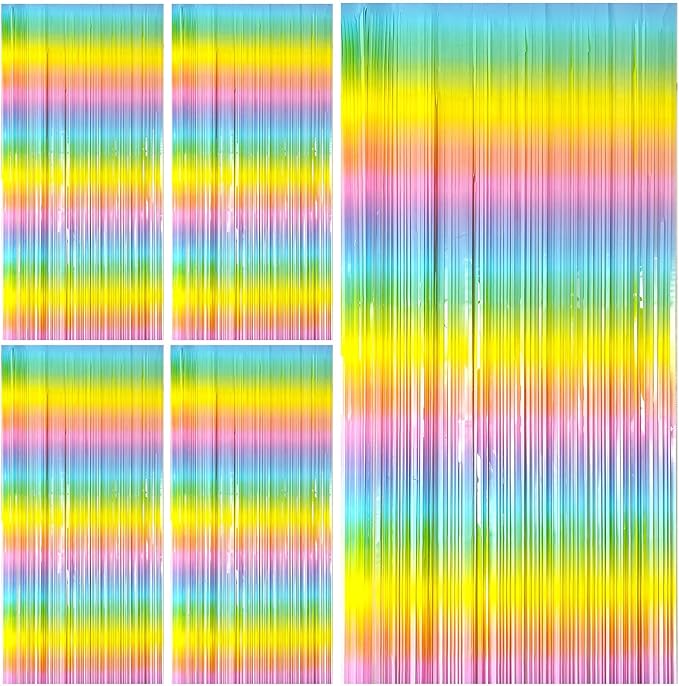 Pastel Rainbow Foil Fringe Curtain Streamers Party Backdrop Foil Fringe Backdrop Curtains Tinsel Streamers for Birthday Party Decorations