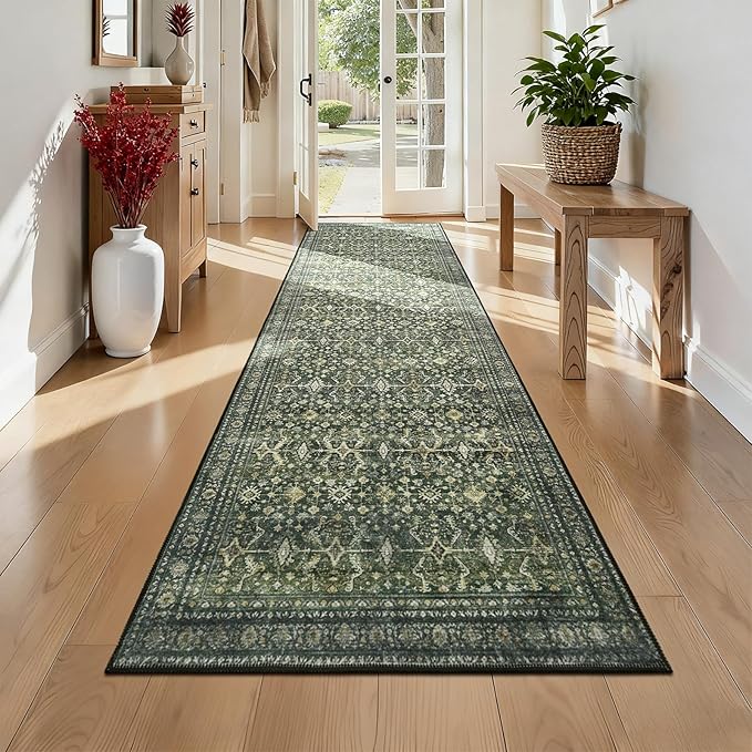 Lofus 2X 8 Runner Rug for Hallways,Green Washable Runner Rugs with Non Slip Rubber Backing, Low Pile Soft Carpet Runner for Kitchen Bathroom Bedroom Laundry