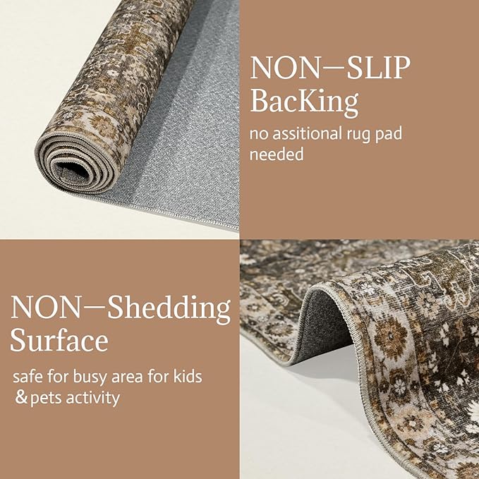 Washable Area Rugs 5'x7' Non-Slip Vintage Boho Distressed Fade Resistant Low Pile Carpet for High-Traffic Living Room, Bedroom & Dining Room