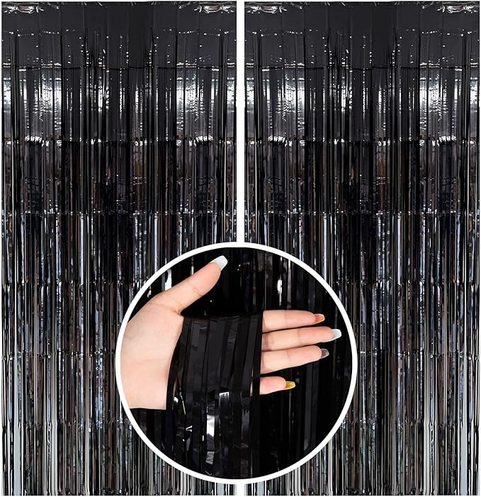 Black Party Streamers Foil Fringe Backdrop Curtains Tinsel Streamers Birthday Halloween Party Decorations Fringe Backdrop for Birthday Party Graduation Bridal Shower Wizard Party Supplies