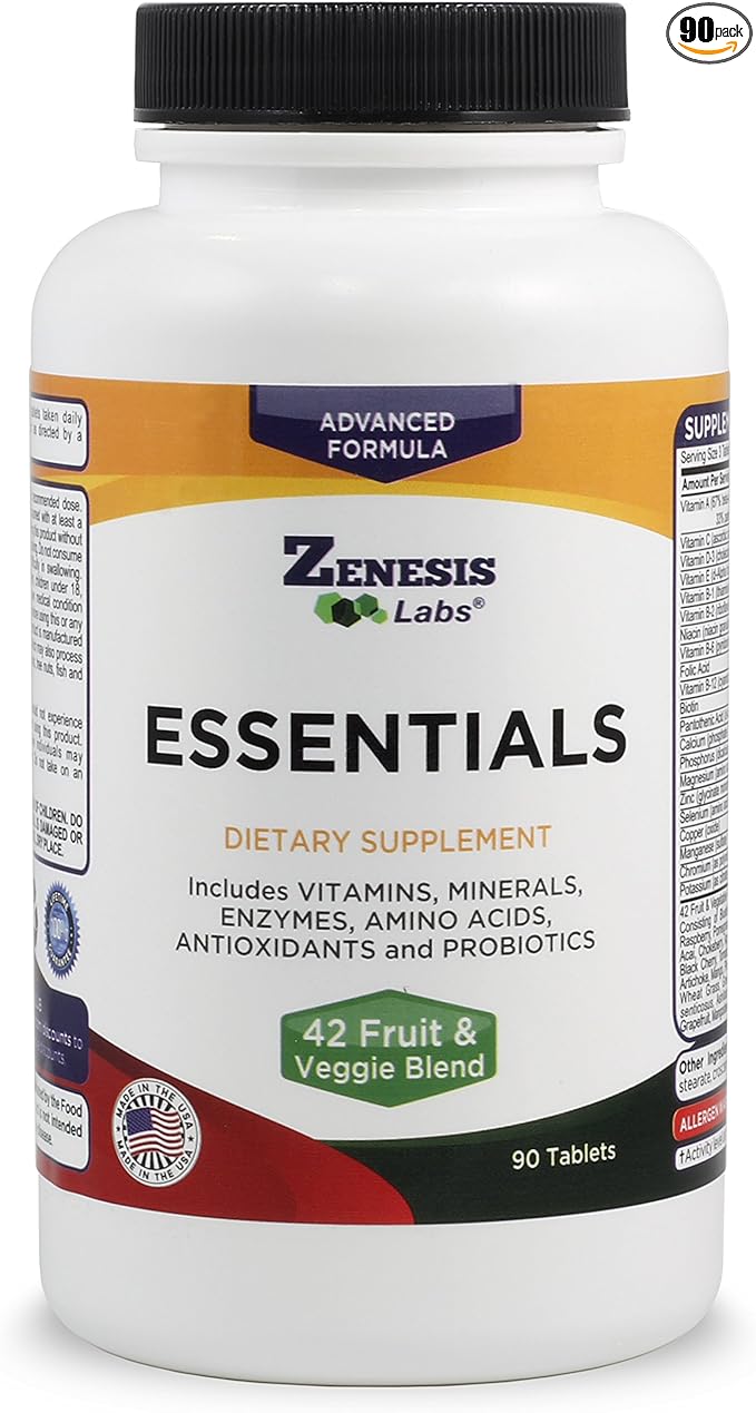 Zenesis Labs Essentials - a Natural & Nutrient Rich Multi-Vitamin - with Minerals, Enzymes, Amino Acids, Antioxidants and Probiotics - 90ct
