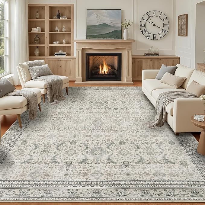 Lofus 9x12 Area Rug for Living Room, White Washable Area Rugs with Non-Slip Backing,Soft Boho Carpets for Bedroom Dining Room Home Office Indoor Nursery