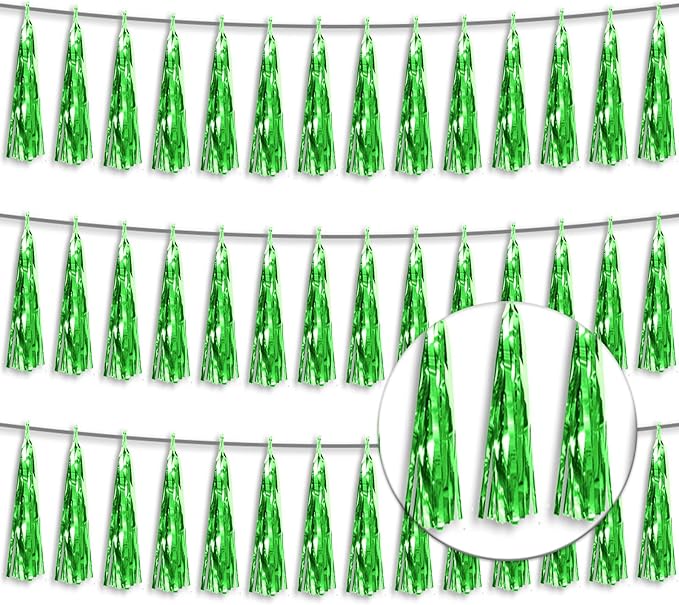 3P Metallic Fringe Tassel Banner Garland Foil Tinsel Streamer Wall Hanging Curtain Backdrop Banner for Parade Floats, Graduation Decorations, Father's Day Party Decoration(Green)