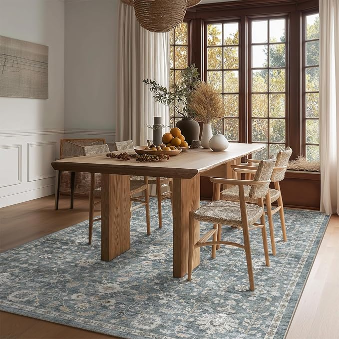 Washable Area Rugs 5'x7' Non-Slip Vintage Boho Distressed Fade Resistant Low Pile Carpet for High-Traffic Living Room, Bedroom & Dining Room