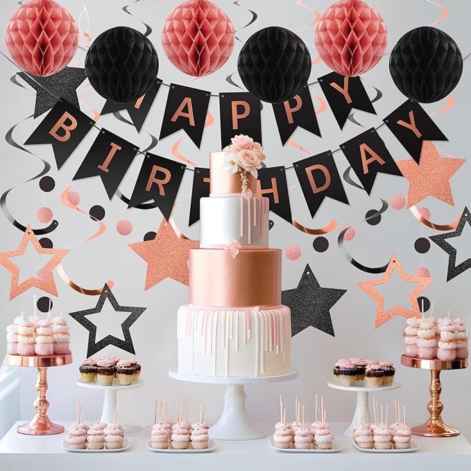 meowtastic Birthday Decorations, Happy Birthday Banner with Honeycomb Ball, Star Hanging Swirl Streamer, Circle Dot Garland, Happy Birthday Party Decoration for Women Men Boy Girl (Rose Gold & Black)