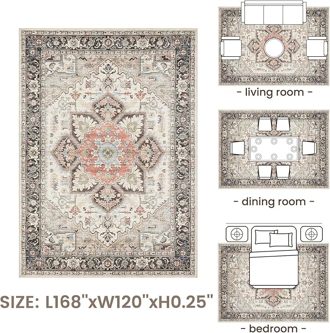 Area Rug 10x14 for Living Room, Medallion Printed Ultra-Thin Soft Large Carpet, Oriental Non Slip Big Washable Fade Stain Resistant Rugs for Bedroom Dining Room Home Office Decor
