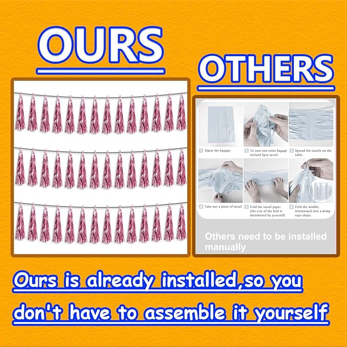 3P Metallic Fringe Tassel Banner Garland Foil Tinsel Streamer Wall Hanging Curtain Backdrop Banner for Parade Floats, Graduation Decorations, Wedding Party Decoration(Pink)