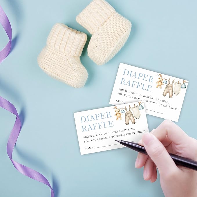 Diaper Raffle Game Kit with Arched Display Board & Stand - Blue Baby Clothes, 7x10 Inch Gender Neutral Baby Shower Sign with 50 Tickets, Natural Theme Decor (B07)
