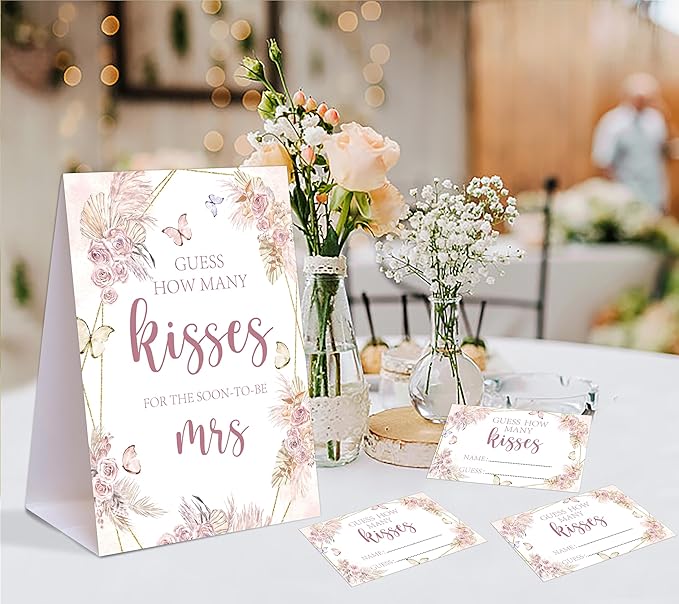 Boho Floral How Many Kisses for the Soon to Be Mrs, 1 Tabletop Sign and 50 Cards, How Many Kisses Bridal Shower Game for Bachelorette Night Wedding Event & Party Supplies