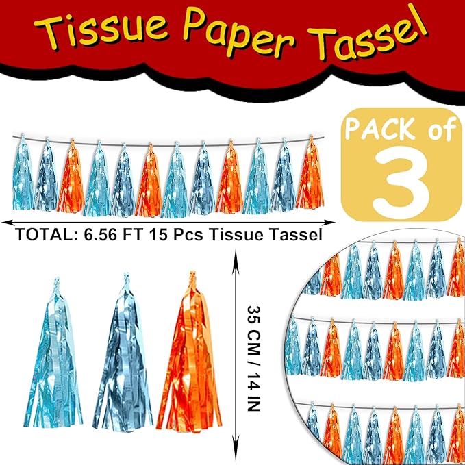 3P Lake Blue Light Blue-Orange Metallic Fringe Tassel Banner Garland Foil Tinsel Streamer Wall Hanging Curtain Backdrop Banner for Parade Floats,Graduation Decorations, Wedding Party Decoration