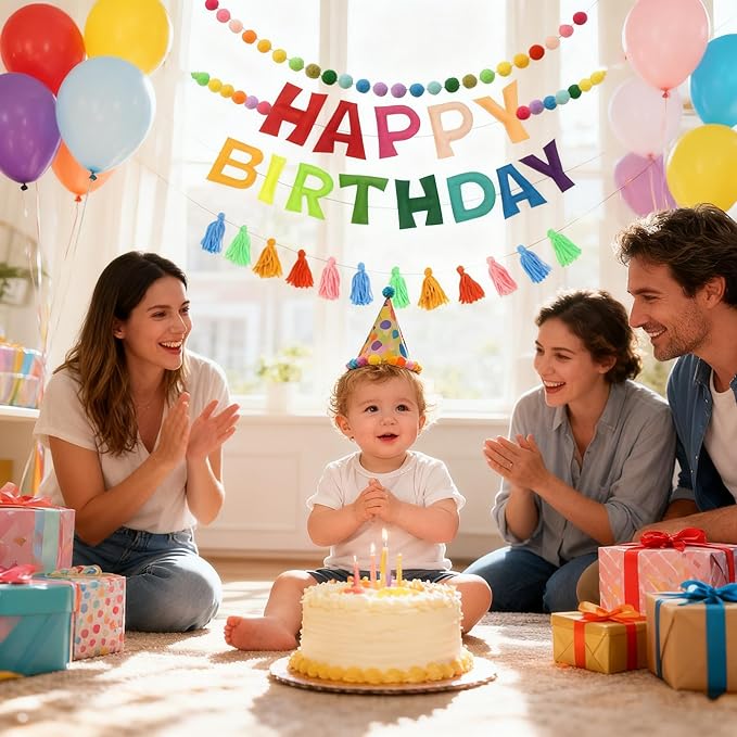 Pre-Strung Happy Birthday Banner Felt Ball Garland Reusable Happy Birthday Garland Pom Pom Party Decor Colorful Thread Tassel Rainbow Party Decorations for Girls Boys Women Men