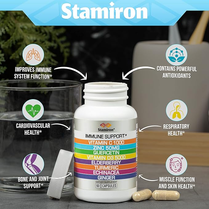 8 in 1 Immune Support with Quercetin Zinc 50mg Vitamin C 1000mg Vitamin D3 5000 IU and Elderberry Echinacea Ginger for Adults Kids - VIT D Supplement Veg Capsules