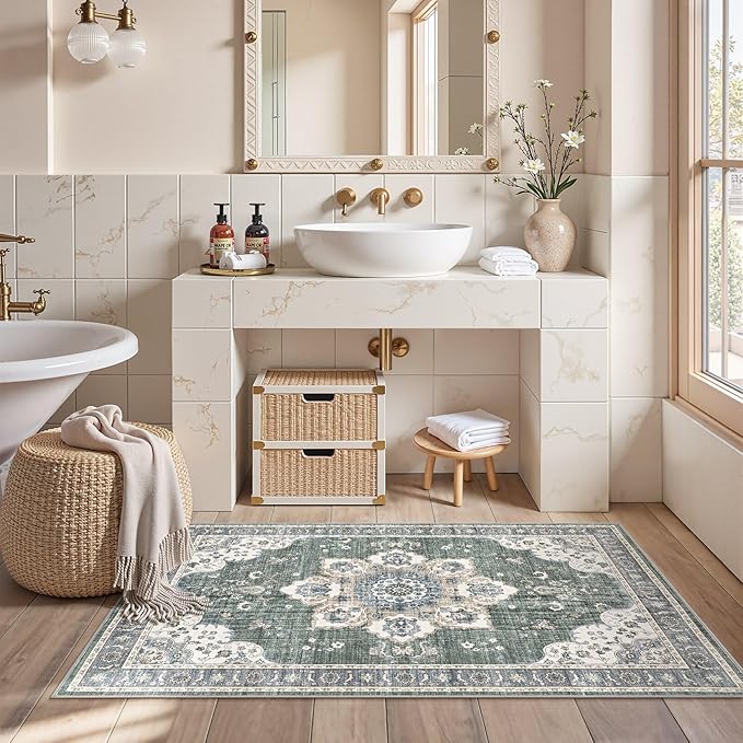 3x5 Washable Entryway Rug: Non-Slip Soft Vintage Floral Indoor Area Rug for Living Room Large Kitchen Entryway Bedroom Bedside, Door Mat Throw Carpet for Laundry Foyer Home Decor (Green)