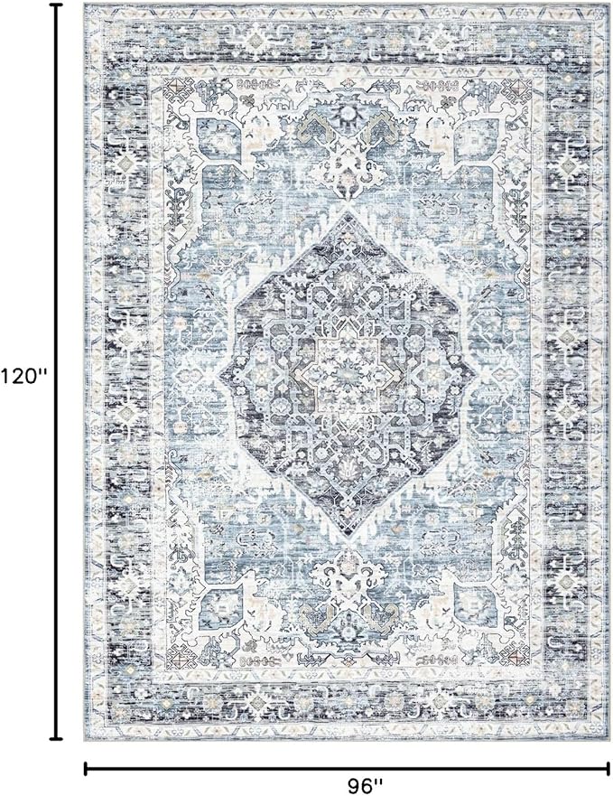 Area Rug 8×10, Large Vintage Boho Rug,Ultra-Soft Low Pile, Washable, Non Slip,Stain Resistant, Printed Carpet for Living Room Bedrooms Playroom Office Kitchen, Light Blue