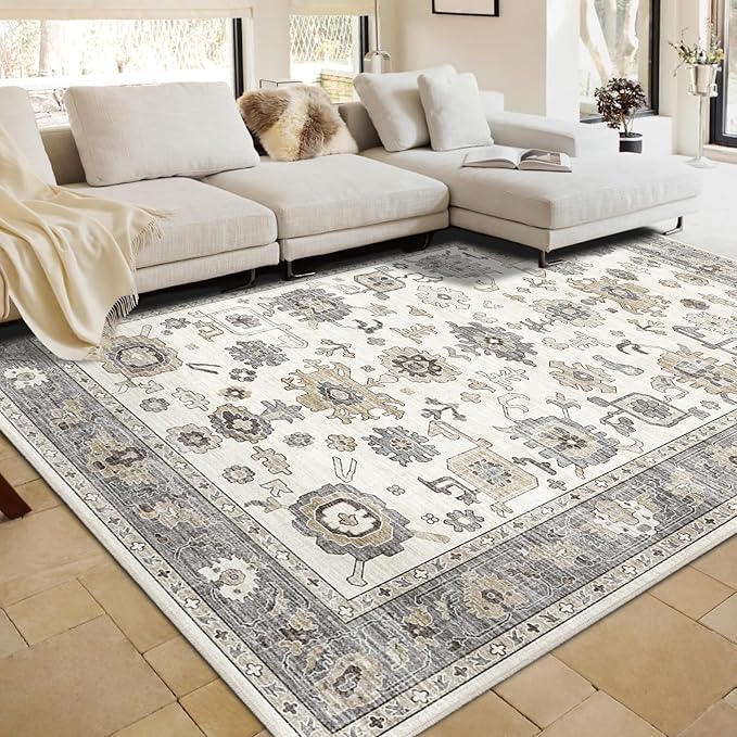 8x10 Washable Vintage Area Rug - Bedroom, Dining Room and Home Office - Distressed Oriental Reto Indoor Floor Carpet Rug(Cream Grey, 8x10)