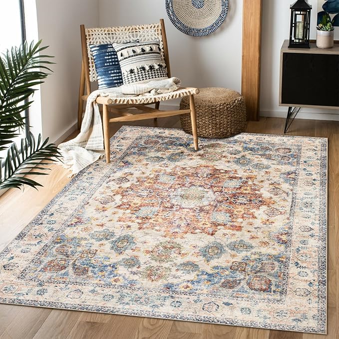 Area Rug 4×6, Vintage Boho Rug,Ultra-Soft Low Pile, Washable, Non Slip,Stain Resistant Printed Carpet for Living Room Bedrooms Playroom Office Kitchen, Blue/Red