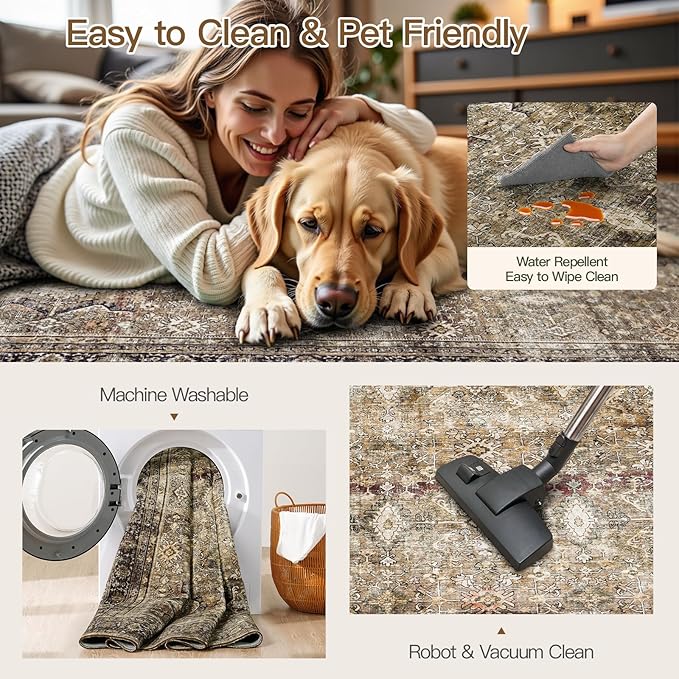 Lofus 9x12 Area Rug for Living Room,Brow Washable Large Rugs with Non-Slip Backing,Soft Neutral Carpets for Bedroom Dining Room Home Office Indoor Nursery