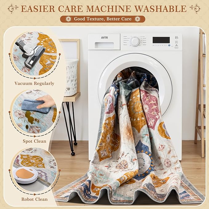 EnHomee 8x10 Area Rug, Soft Washable Rugs for Living Room Bedroom, Boho Non Slip Low Pile Stain Resistant Washable Rug Large Area Rugs for Dining Room,Easy to Clean Living Room Rug, Colorful