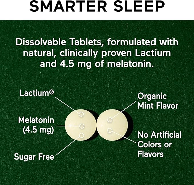 Smarter Nutrition Smarter Sleep Melatonin Dissolvable Tablets 4.5mg + Natural Clinically Proven Lactium® for Sleep & Stress Support - Mint Flavor Melatonin Tablets - Non-GMO-180 Count[90-Day Supply]