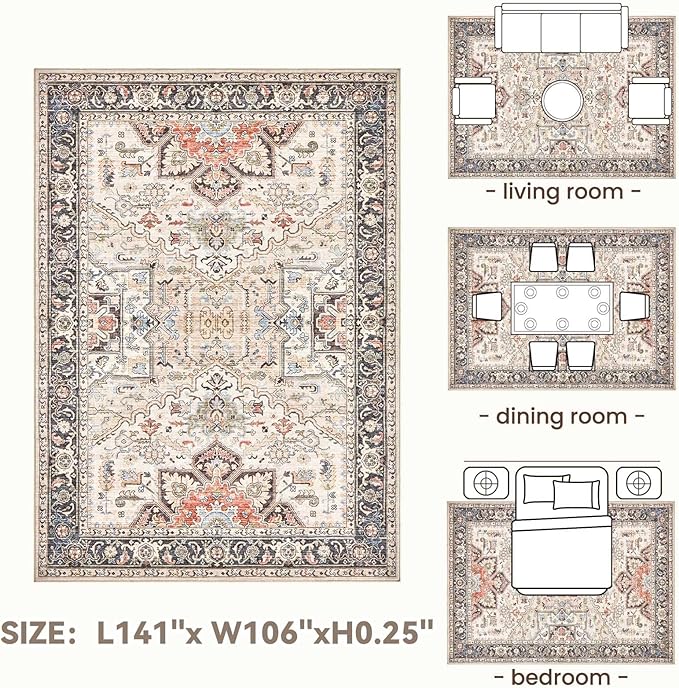 9x12 Area Rugs for Living Room - Large Carpet Ultra Thin Soft Washable Oriental Vintage Floral Distressed Rug Big Indoor Carpets for Bedroom Nursery Dorm Home Decor Aesthetic - Multi