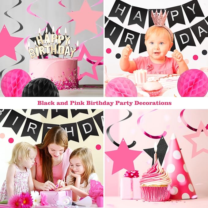 meowtastic Birthday Decorations, Happy Birthday Banner with Honeycomb Ball, Stars Hanging Swirl Streamer, Circle Dots Garland, Happy Birthday Party Decorations for Women Men Boys Girls (Black & Pink)
