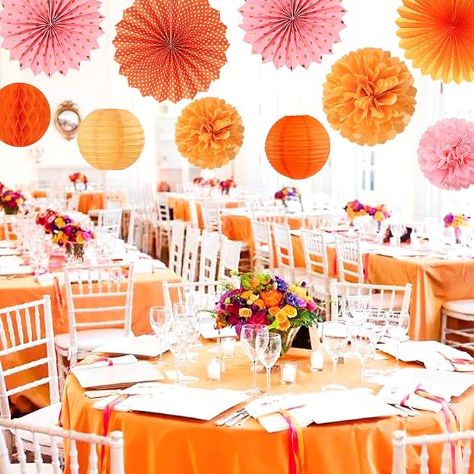 Pink-Orange Groovy Party-Decorations - 20pcs Fall Autumn Thanksgiving Harvest Paper Streamers Lanterns Fans,Tissue Pom Poms,Honeycomb Balls,Bunting,Birthday Baby Bridal Shower Wedding Decor Burgleda