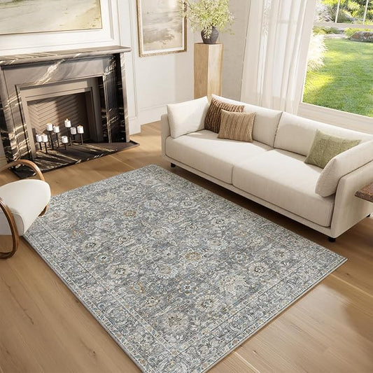 Washable Area Rugs 5'x7' Non-Slip Vintage Boho Distressed Fade Resistant Low Pile Carpet for High-Traffic Living Room, Bedroom & Dining Room