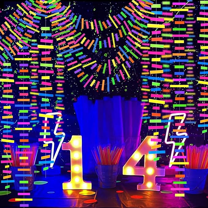 60feet UV Neon Paper Garland Stripe Neon Streamers Black Light Neon DecorationsGlow Party UV Reactive Neon Party Favors Glow in The Dark Party Supplies and Decorations for Wedding Birthday Banners