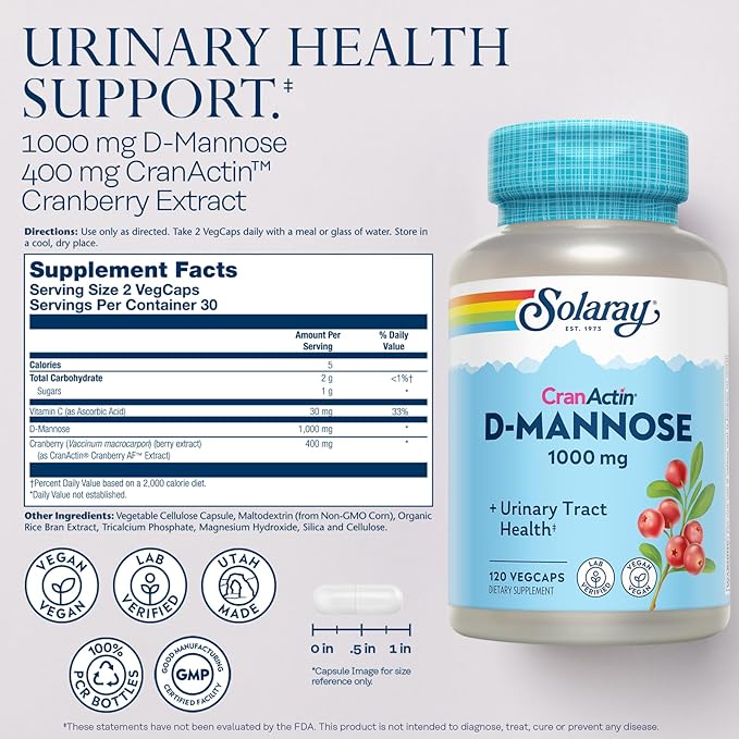 SOLARAY D-Mannose 1000mg with CranActin Cranberry Extract - D Mannose and Cranberry Supplement with Vitamin C - Supports Urinary Tract Health - Vegan, 60-Day Guarantee